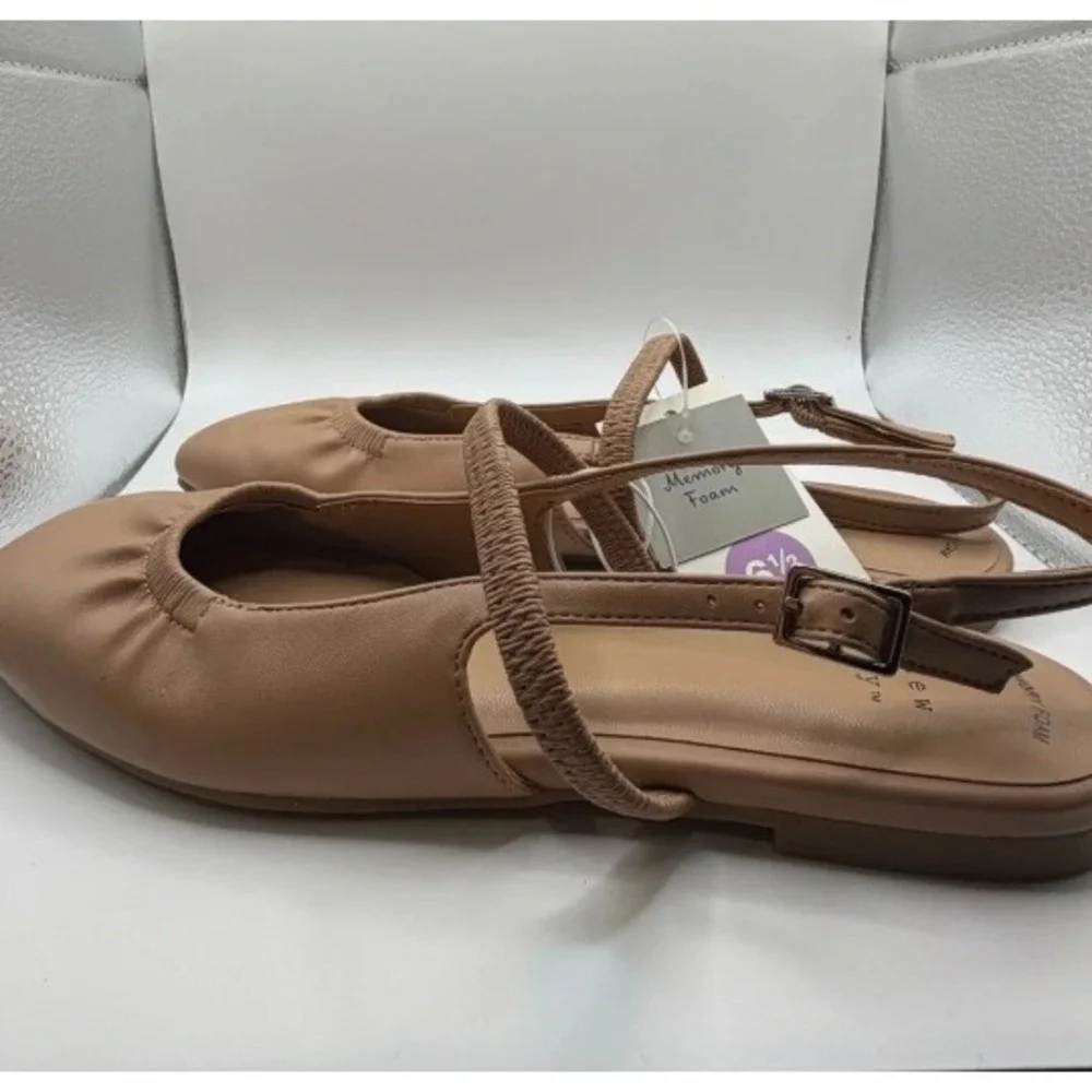 A New Day Vada Tan Square Toe Slingback Mary Jane Ballet Flats Memory Foam 6.5